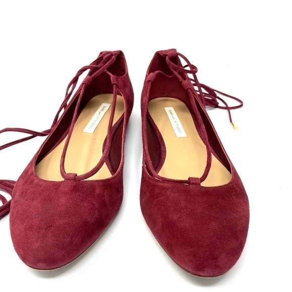 Diane Von Furstenberg Paris Lace Up Suede Ballet Flats In Maroon Wine Size 8.5 - Picture 2 of 5